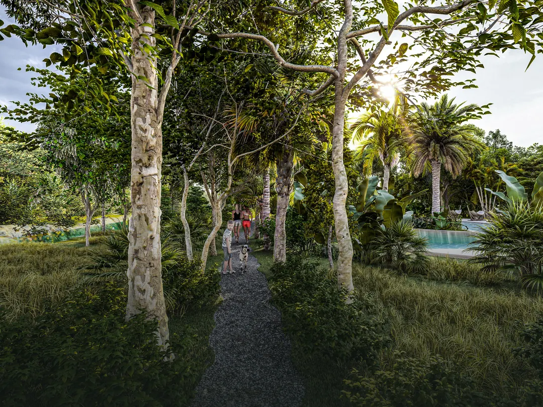 Path to the development's pool, surrounded by vegetation