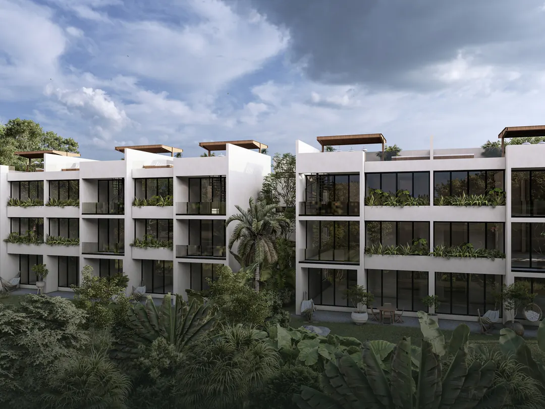 Aerial render of the Elementos Life development set among the jungle vegetation
