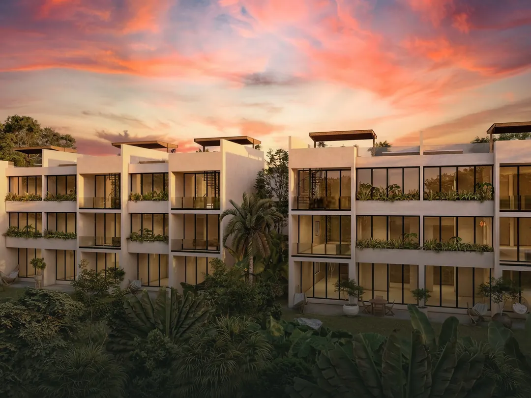 Façade of the Anona building (A) at sunset, among the vegetation