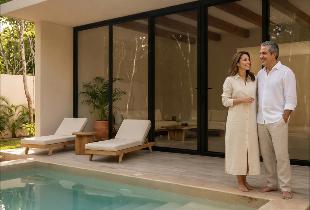 A couple talking on the terrace of an Elementos Life villa, next to their private pool