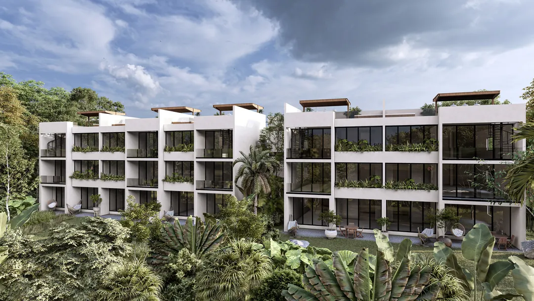 Façade of one of the Elementos Life apartment buildings, seen from the garden