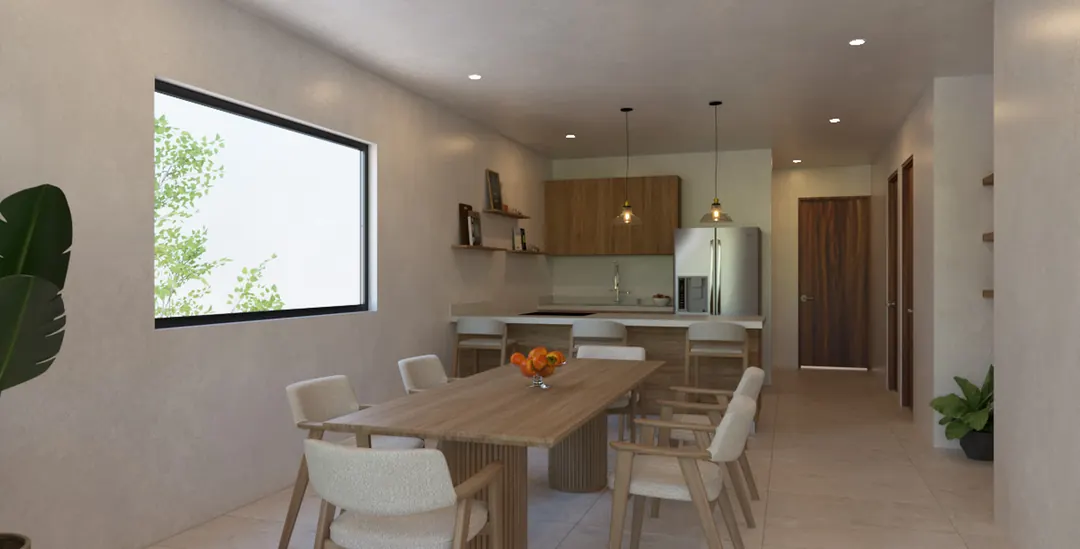 Interior of an apartment in building A, with the living room opening onto the terrace