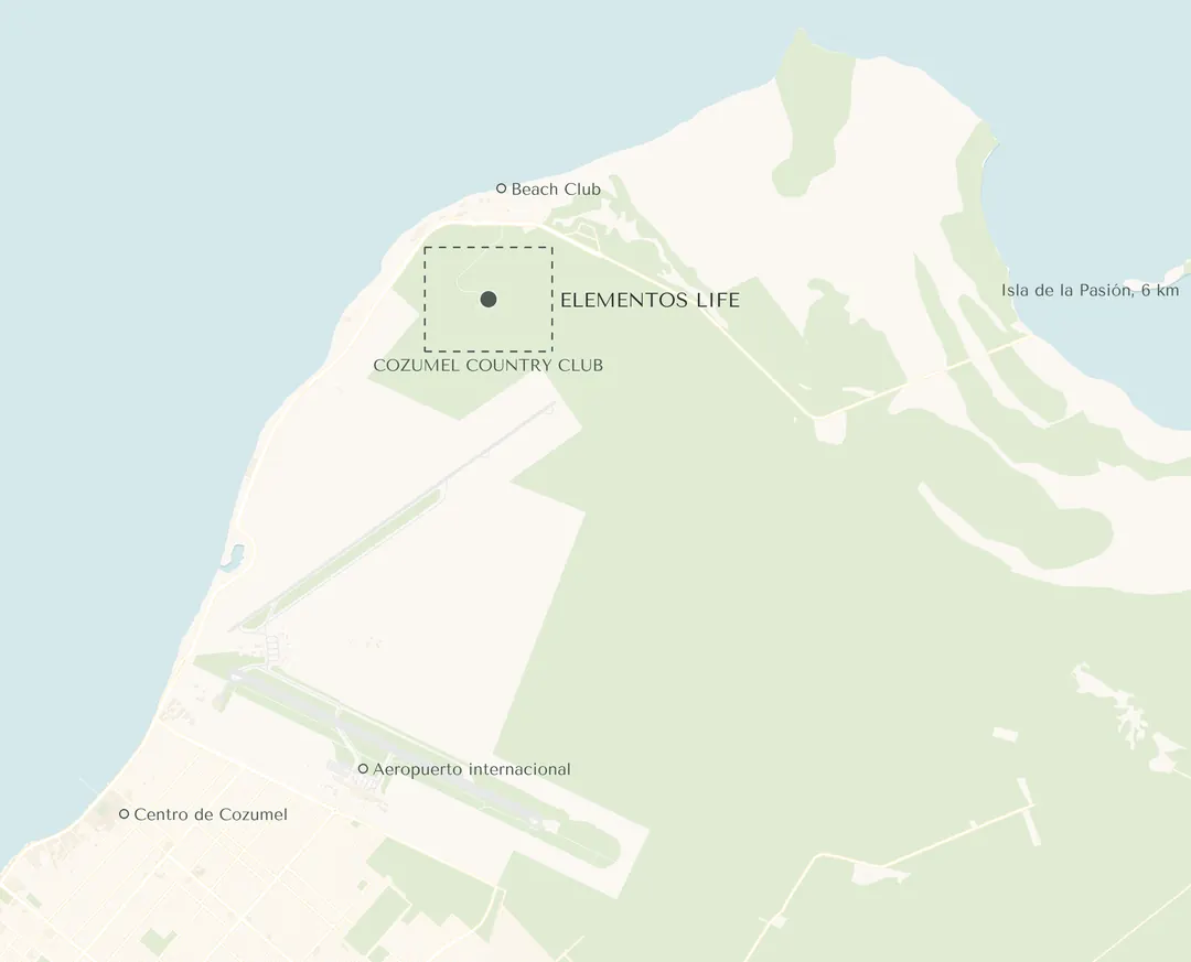 Map of the northern tip of Cozumel showing Cozumel Country Club and the access from Carretera Costera Norte