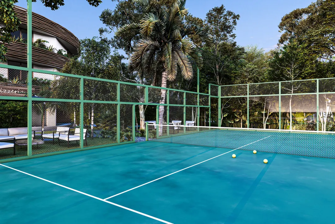 The development's padel court, enclosed in glass and mesh