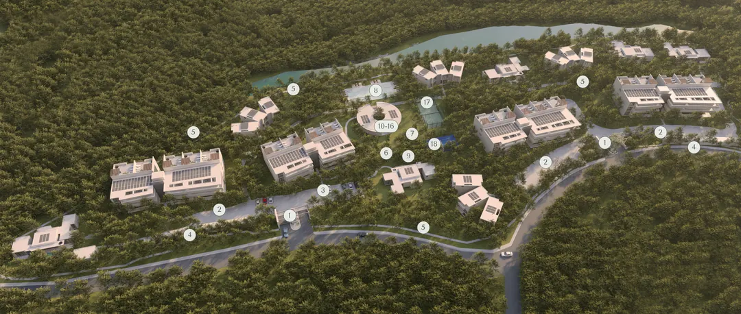 Master plan of the development with the eighteen shared spaces numbered and placed over the layout of buildings, villas and paths