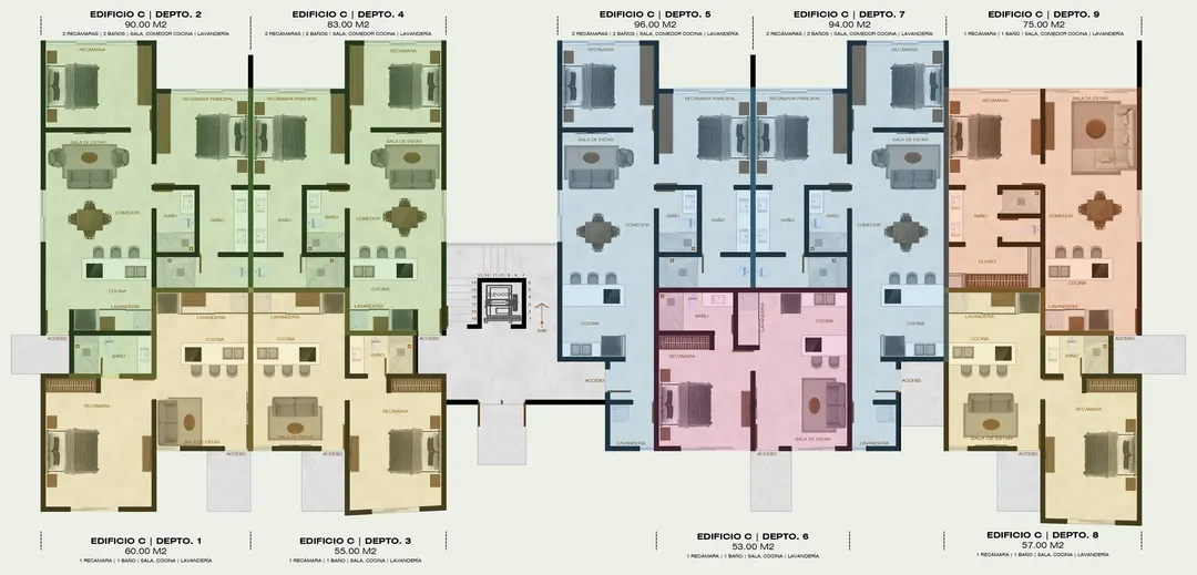 Level 1 floor plan of building C, with the layout of its nine apartments