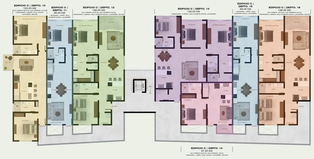 Level 2 and 3 floor plans of building C, with the layout of the apartments per level
