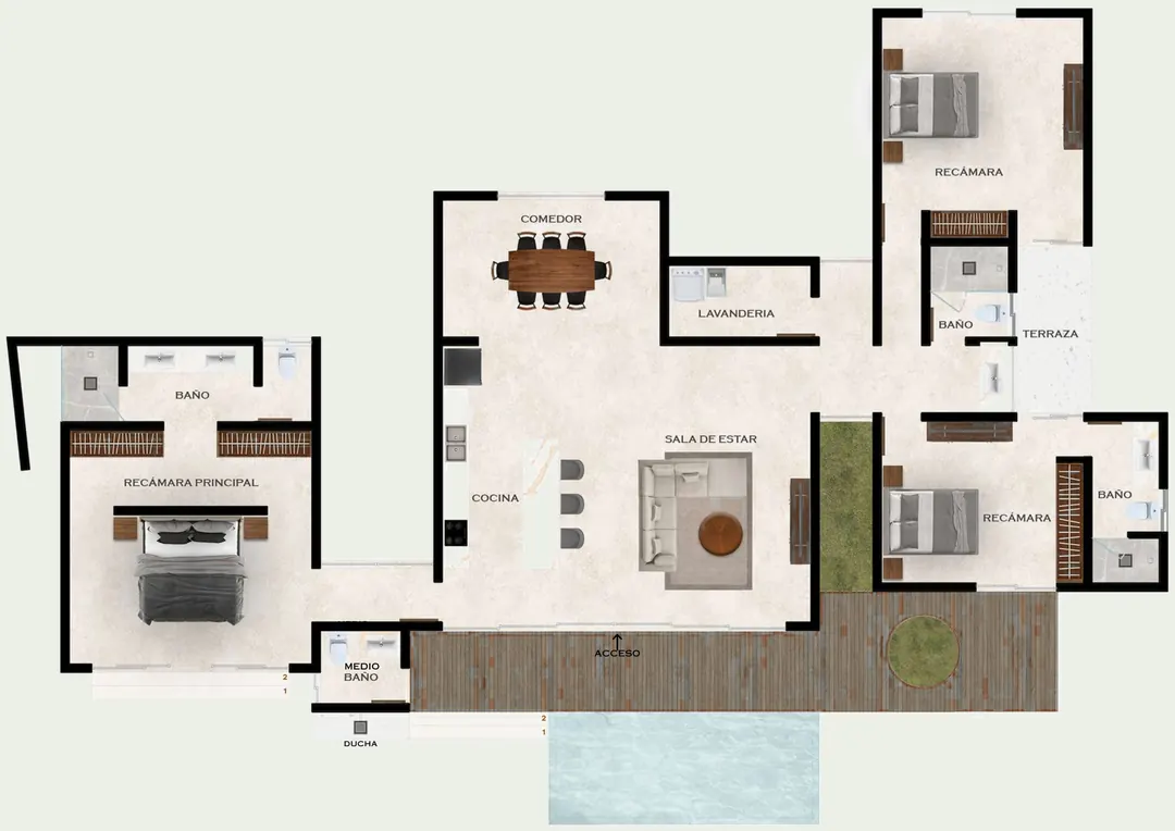 Floor plan of the type A villa, with its three bedrooms on a single level opening onto a private garden