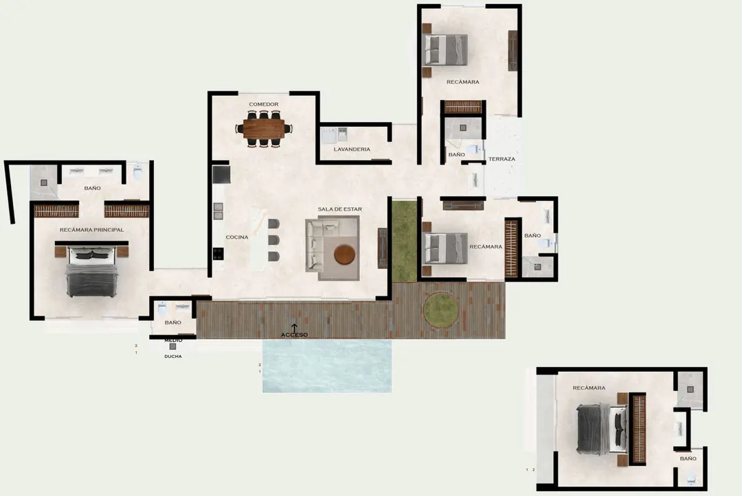 Floor plan of the type B villa, with its four bedrooms, each with a full bathroom