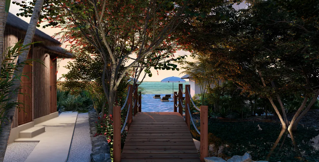 The residents' private beach access, among the trees