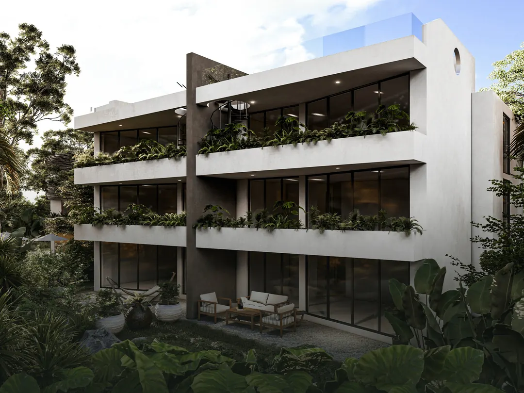 Fachada del edificio B hacia el jardín, uno de los edificios de departamentos del conjunto