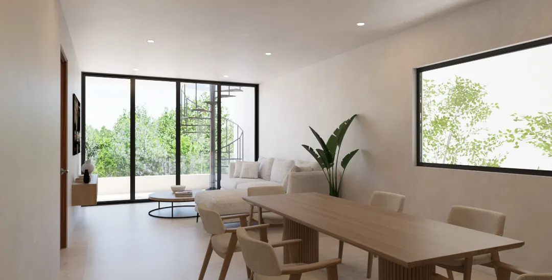 Interior de un departamento del edificio C, con la sala abierta hacia el balcón