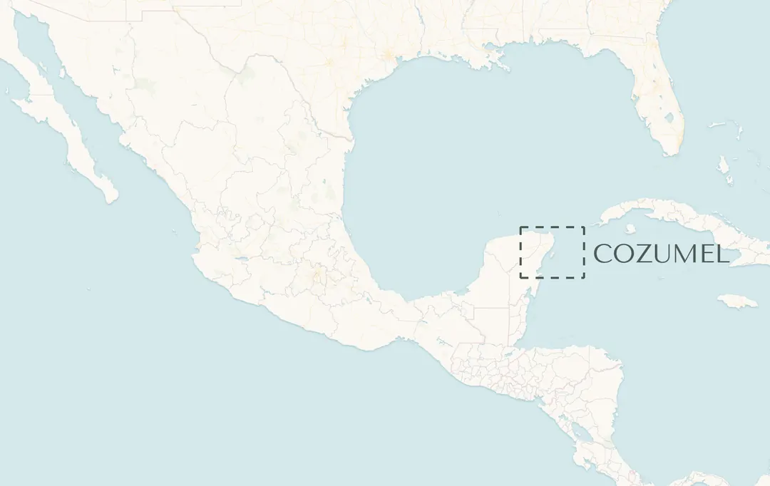 Mapa de México con la ubicación de la isla de Cozumel señalada en la costa del Caribe