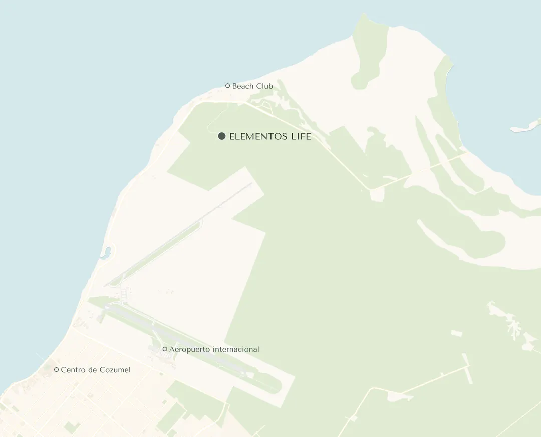 Mapa de la zona hotelera norte de Cozumel con el Cozumel Country Club y el acceso por la Carretera Costera Norte señalados