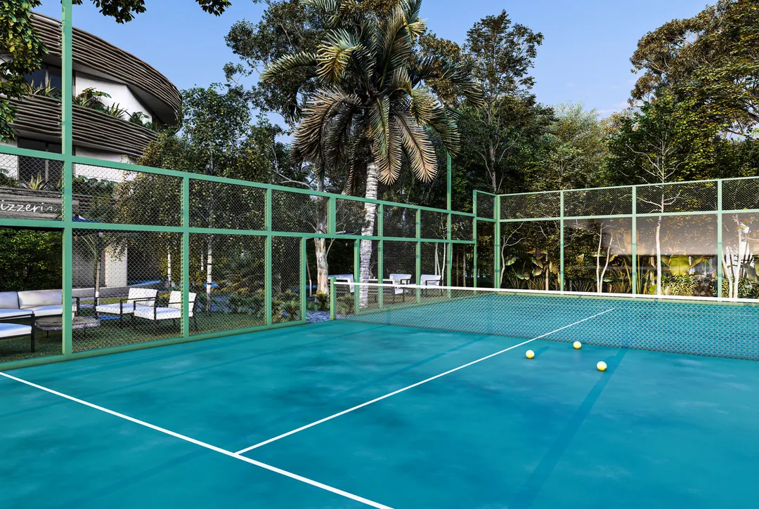 La cancha de pádel del conjunto, cerrada con cristal y malla