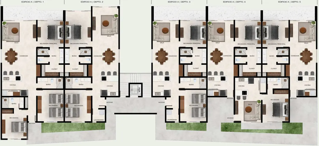 Plano de la planta nivel 1 del edificio A, con la distribución de los seis departamentos