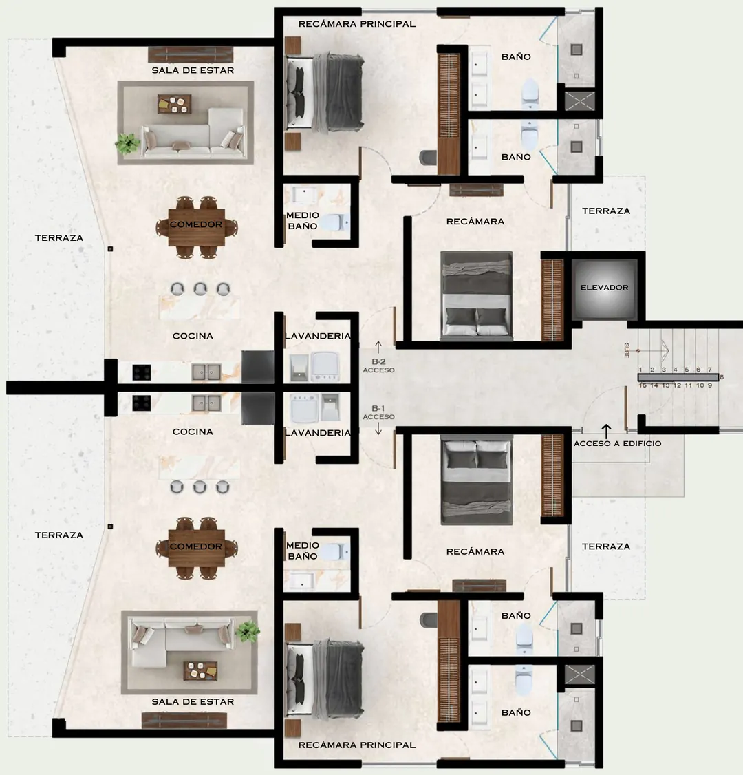 Plano del nivel 1 del edificio B, con los departamentos B1 y B2