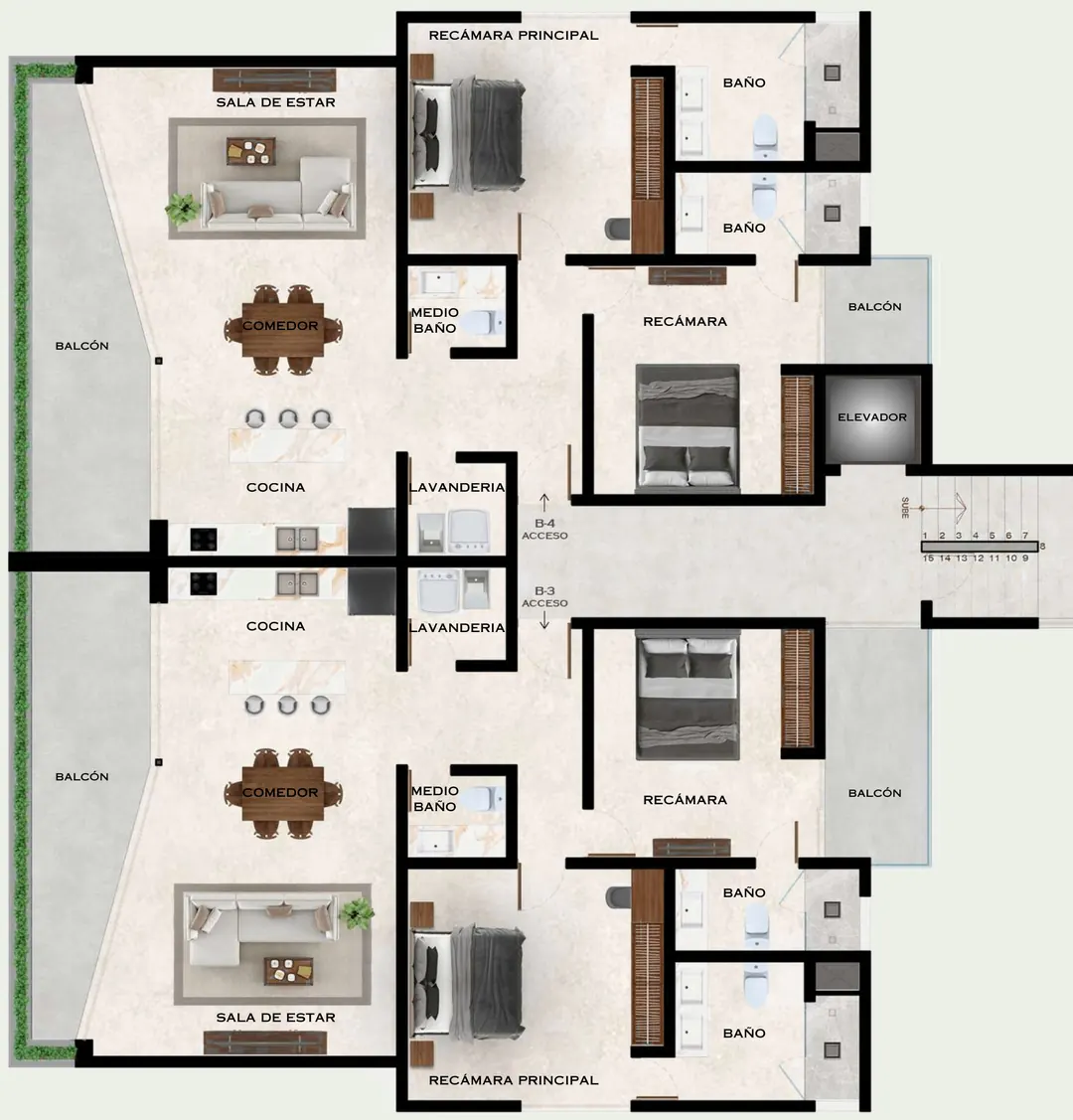 Plano del nivel 2 del edificio B, con los departamentos B3 y B4