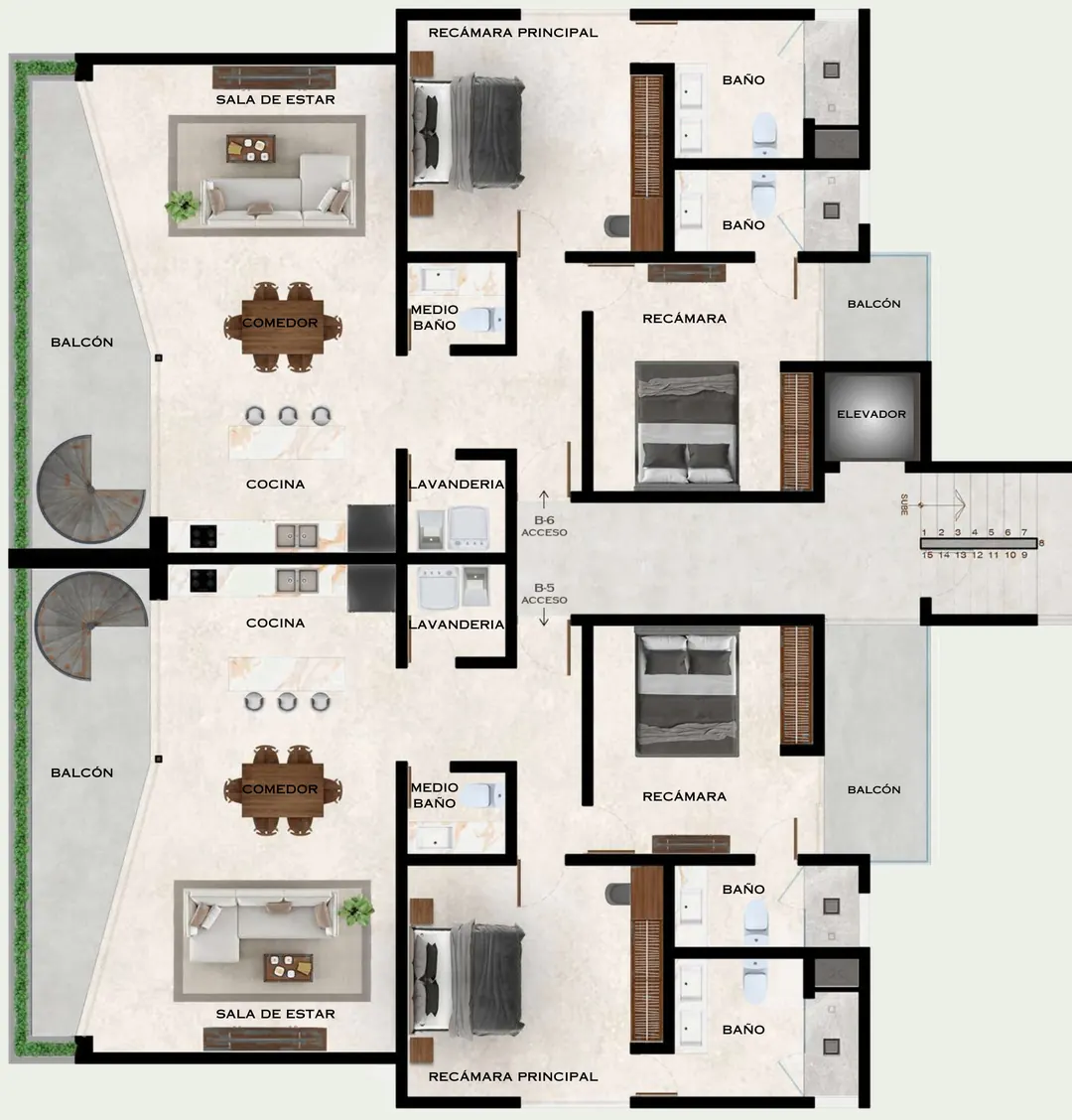 Plano del nivel 3 del edificio B, con los departamentos B5 y B6