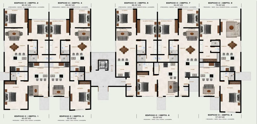 Plano de la planta nivel 1 del edificio C, con la distribución de los nueve departamentos