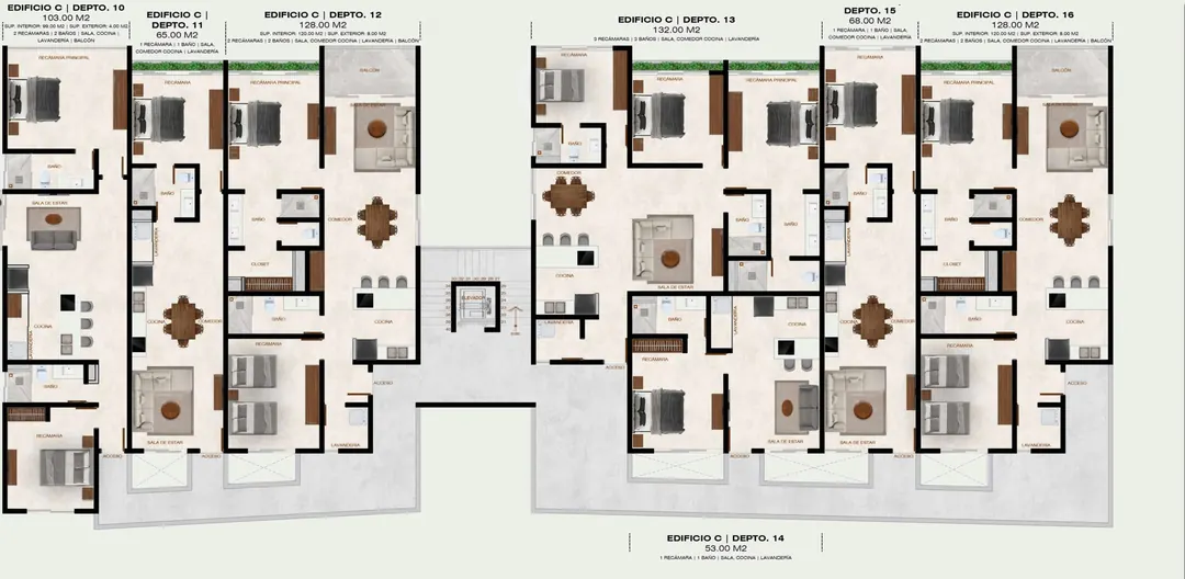 Plano de las plantas niveles 2 y 3 del edificio C, con la distribución de los departamentos por nivel