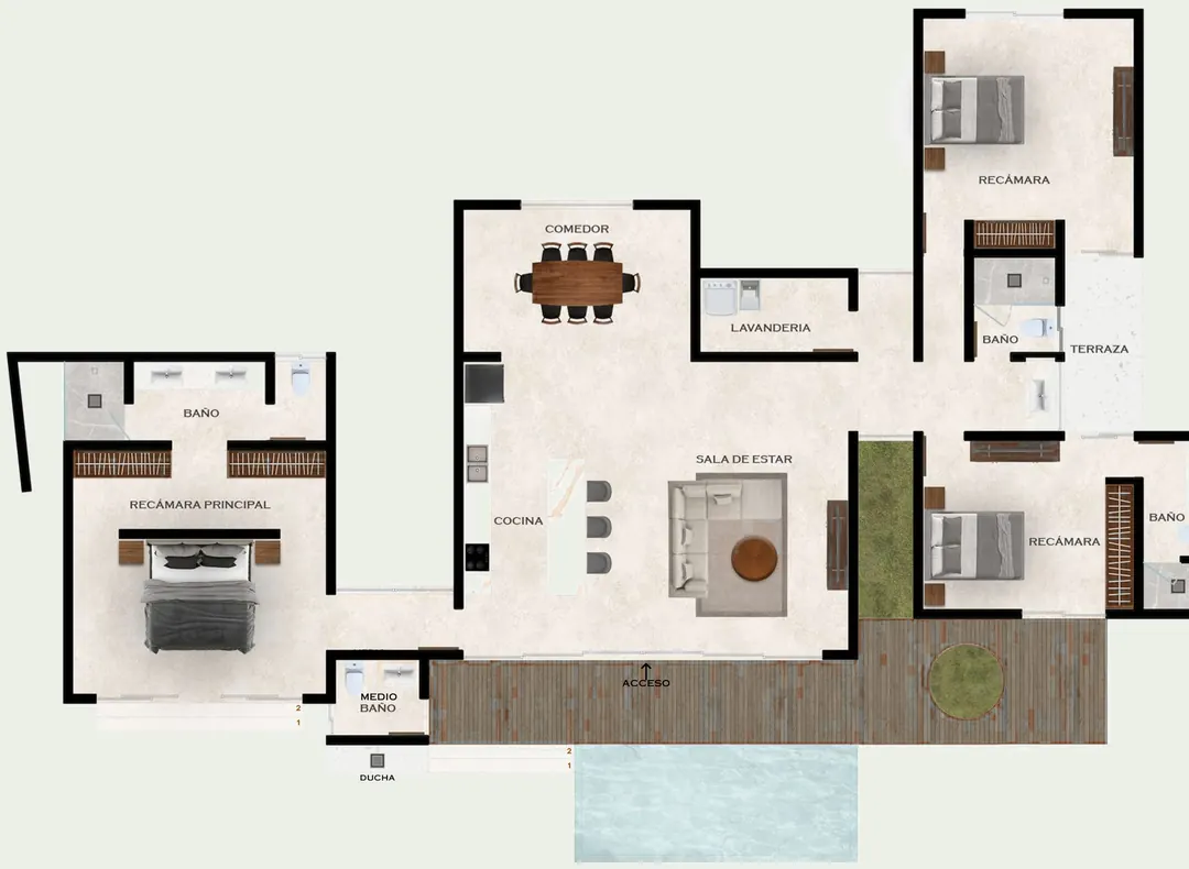 Plano de la villa tipo A, con sus tres recámaras en una sola planta abiertas a un jardín privado