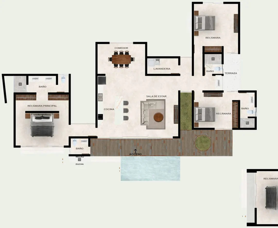 Plano de la villa tipo B, con sus cuatro recámaras, cada una con baño completo
