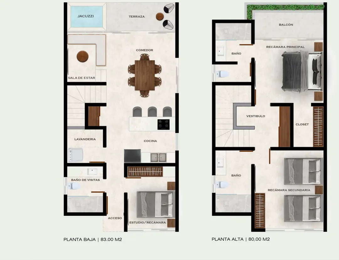 Plano de la villa tipo C, con sus dos plantas y jacuzzi en la terraza