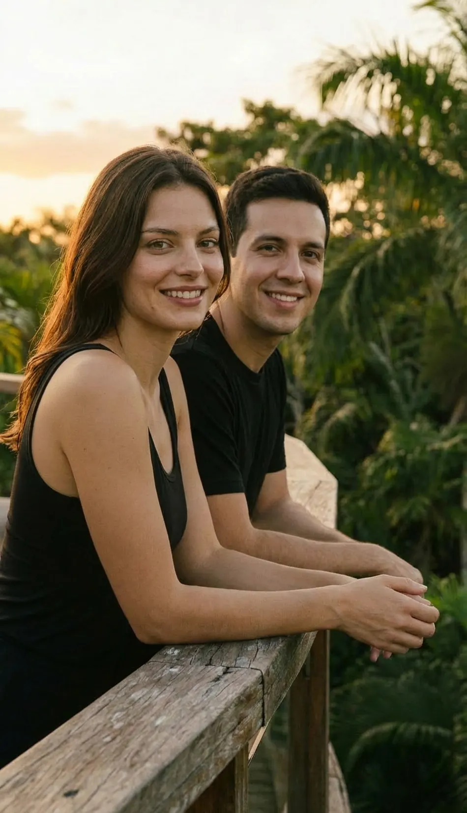 Una pareja al atardecer, apoyada en el barandal del observatorio de Elementos Life
